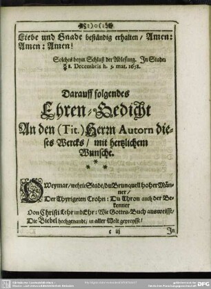Darauff folgendes Ehren-Gedicht An den (Tit.) Herrn Autorn dieses Wercks, mit herzlichem Wunsche