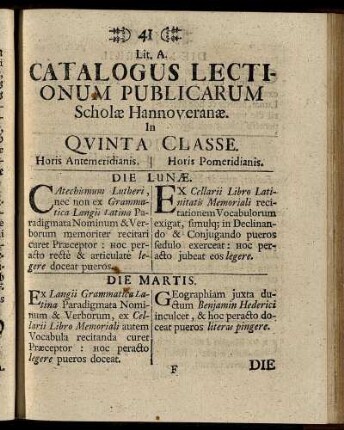 Lit. A. Catalogus Lectionum Publicarum ...