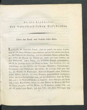 An die Liebhaber der vaterländischen Geschichte. Ueber Zweck und Innhalt dieser Hefte
