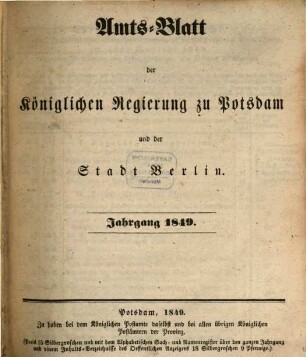 Amtsblatt der Regierung in Potsdam. 1849