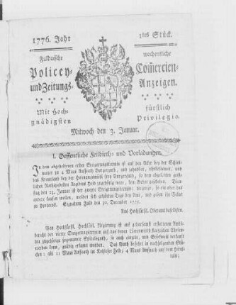 1tes Stück, Ausgabe vom 3. Januar 1776