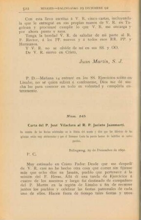Núm. 145. Carta del P. José Vilaclara al R. P. Jacinto Juanmartí