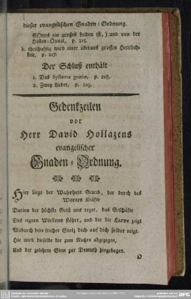 Gedenkzeilen vor Herr David Hollazens evangelischer Gnaden-Ordnung