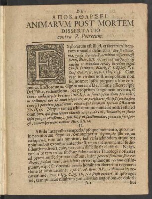 De Apokatharsei Animarum Post Mortem Dissertatio contra P. Poiretum.