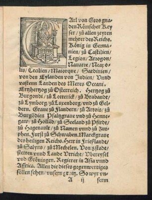 Carl von Gtos gnaden Römscher Keyser/ zu allen zeyten mehrer des Reichs. König in Germanien ...