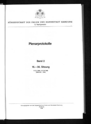 Wahlper. 13.1987/91, Bd. 2: Plenarprotokoll // Bürgerschaft der Freien und Hansestadt Hamburg