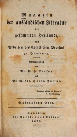 Magazin der ausländischen Literatur der gesammten Heilkunde und Arbeiten des Ärztlichen Vereins zu Hamburg. 17. 1829