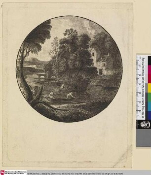 [Paysage; sur le devant, deux hommes dans un bateau]