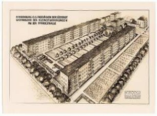 Wohnsiedlung (Kleinstwohnungen) an der Pfarrstraße, Hindenburg: Freiflächen der Südstadt, Wohnblock und Gartenhöfe der Kleinstwohnungen an der Pfarrstraße: perspektivische Ansicht, Variante