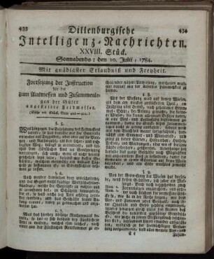 XXVIII. Stück. Sonnabends: den 10. Julii, 1784.