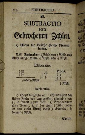 III. Subtractio derer Gebrochenen Zahlen. - IV. Multiplicatio derer Gebrochenen Zahlen.