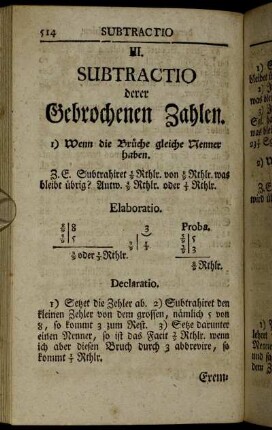 III. Subtractio derer Gebrochenen Zahlen. - IV. Multiplicatio derer Gebrochenen Zahlen.