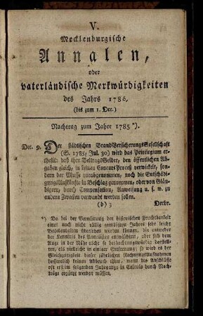 V. Mecklenburgische Annalen, oder vaterländische Merkwürdigkeiten des Jahrs 1786 [...]