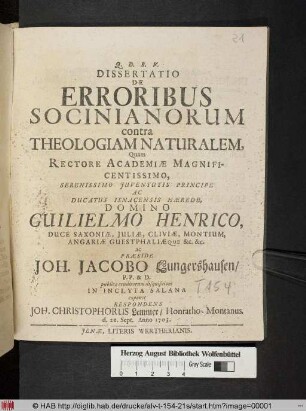 Dissertatio De Erroribus Socinianorum contra Theologiam Naturalem