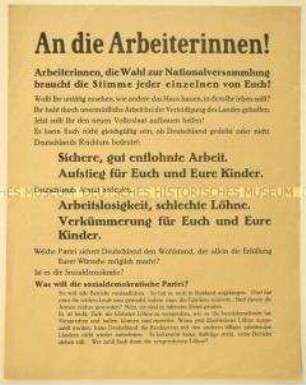 Programmatischer Wahlaufruf der Deutschen Demokratischen Partei an die Arbeiterinnen anlässlich der Wahl zur verfassungsgebenden Nationalversammlung