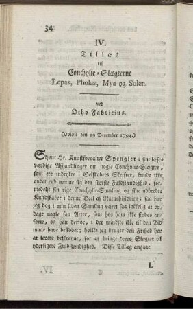 IV. Tillæg til Conchylie- Slægterne Lepas, Pholas, Mya og Solen.