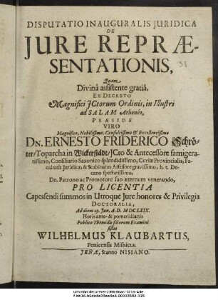 Disputatio Inauguralis Iuridica De Iure Repraesentationis