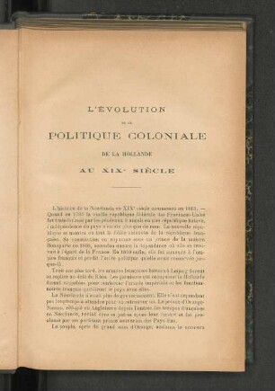 L'evolution de la Politique Coloniale de la Hollande au XIX Siecle