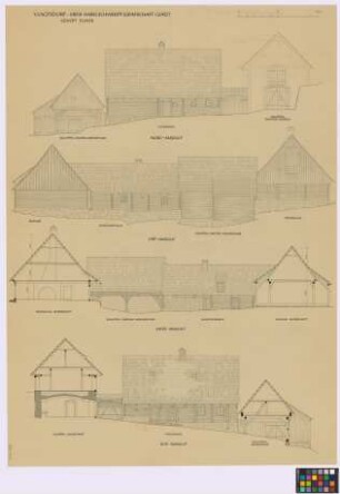 Voigtsdorf (Landkreis Habelschwerdt, Grafschaft Glatz): Gehöft Elsner. - Schuppen, darüber Kornspeicher (Giebel-Ansicht, Ost-Seiten-Ansicht,West-Seiten-Ansicht, Querschnitt). - Wohnhaus (Nord-Seiten-Ansicht, Ost-Giebel-Ansicht, Querschnitt, Süd-Seiten-Ansicht). - Schuppen (Giebel-Ansicht). - Einfahrtstor (Nord-Ansicht, Süd-Ansicht). - Scheune (Giebel-Ansicht, Querschnitt). - Kuhstall (Querschnitt)