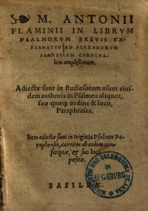 M. Antonii Flaminii in librum psalmorum brevis explanatio