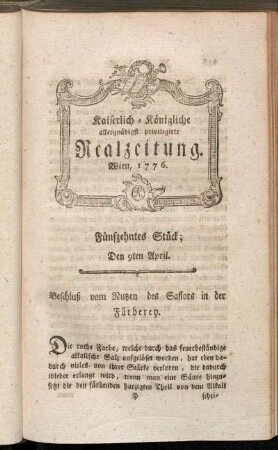 Fünfzehntes Stück; Den 9ten April. Wien, 1776.