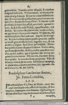 Rodolphus Goclenius senior, Jo. Petro Lotichio