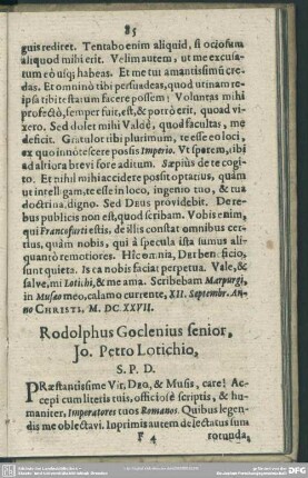 Rodolphus Goclenius senior, Jo. Petro Lotichio