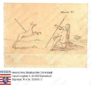 Jagd, Niddaer Sauhatz / Bild 2: Hunde, Fuchs, Forstmeister Gall / [Cosmas] Gall [v. Gallenstein] (+ 1662), [Ober]Forstmeister [der Grafschaft Nidda], den Angriff eines verwundeten Rehes abwehrend
