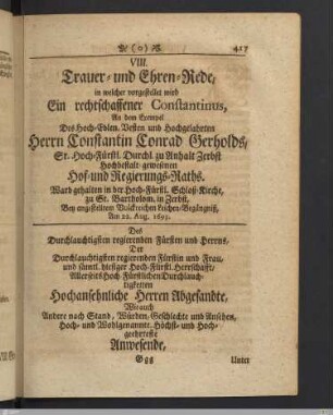 VIII. Trauer-und Ehren-Rede: Ein rechtschaffener Constantinus