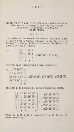 Note on the value of certain determinants, the terms of which are the squared distances of points in a plane or in space.