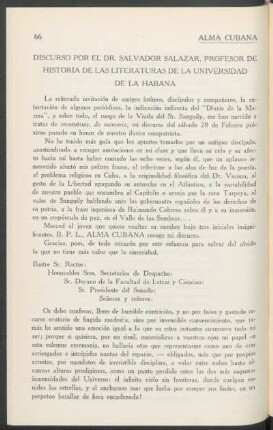 Discurso por el Dr. Salvador Salazar, Profesor de Historia de las Literaturas de la Universidad de la Habana