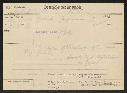 Brief von Gerhart Hauptmann an Oswald von Hoyningen-Huene und Gudrun Hoyningen-Huene