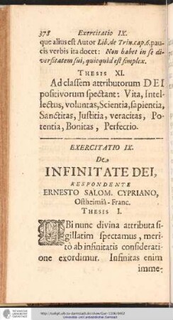 EXERCITATIO IX. De INFINITATE DEI, RESPONDENTE ERNESTO SALOM. CYPRIANO ...
