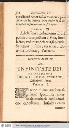 EXERCITATIO IX. De INFINITATE DEI, RESPONDENTE ERNESTO SALOM. CYPRIANO ...