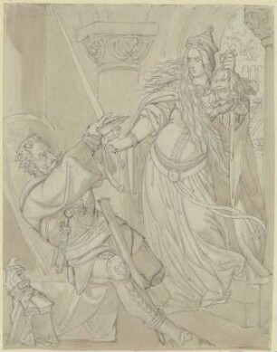 Kriemhild mit Gunthers Kopf vor Hagen