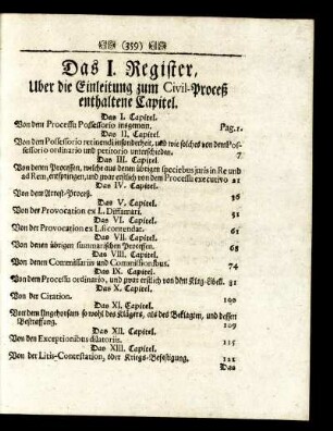 Das I. Register, Uber die Einleitung zum Civil-Proceß enthaltene Capitel.