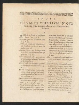 Index Rerum, Et Verborum, In Quo numerus prior Caput, posterior vero Summarium denotat.