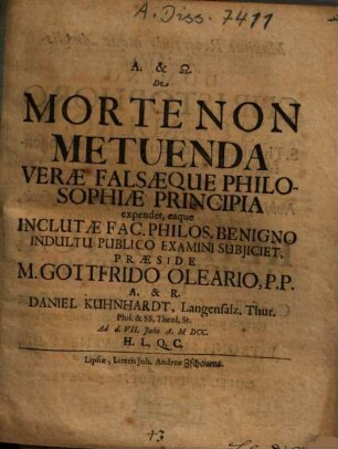 De Morte Non Metuenda Verae Falsaeque Philosophiae Principia