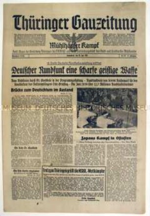 Regionale Tageszeitung der NSDAP "Thüringer Gauzeitung" zur Eröffnung der Deutschen Rundfunksusstellung in Berlin