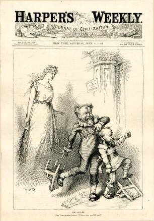 The spoil-ed. New York (meaning business). "I know what you do want!" : Conkling und Platt verlassen weinend den Kongress von New York. Hinter ihnen steht Liberty und hält eine Rute in der Hand