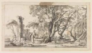 Christus und die Samariterin am Brunnen in einer Landschaft mit Ruinen