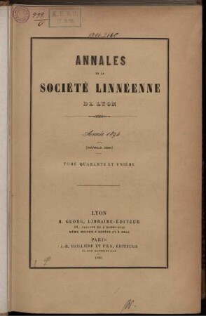 41: Annales de la Société Linnéenne de Lyon et des Société Botanique de Lyon, Société d'Anthropologie et de Biologie de Lyon réunies