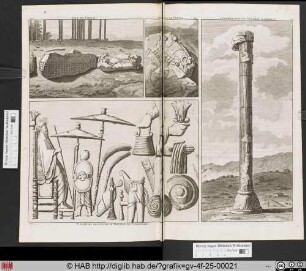 [oben links:] TÉTE DE CHEVAL. [oben rechts:] COLOMNE AVEC UN CHAMEAU A GENOUX. [unten links:] PLUSIEURS ORNAMENTS & FIGURES DE PERSEPOLIS.