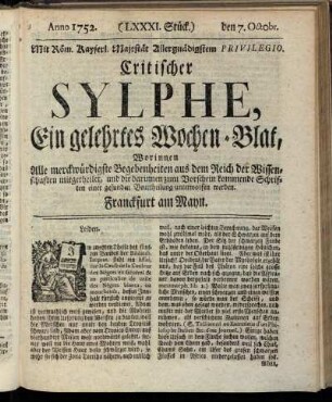 (LXXXI. Stück.) den 7. Octobr. Anno 1752.