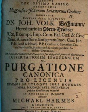 Dissertationem Inauguralem De Purgatione Canonica