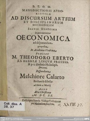 11: Oeconomica ad disputandum proposita