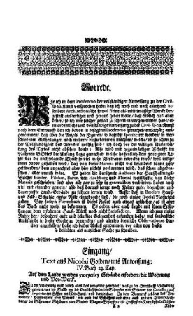 Eingang - Text aus Nicolai Goldmanns Anweisung: IV Buch 23. Cap.