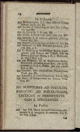 III. Scriptores Ad Theolog. Exegetic. Ad Philologiam, Criticam Et Hermeneuticam S. Spectantes.