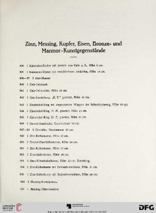 Zinn, Messing, Kupfer, Eisen, Bronze- und Marmor-Kunstgegenstände (Nr. 836-936)