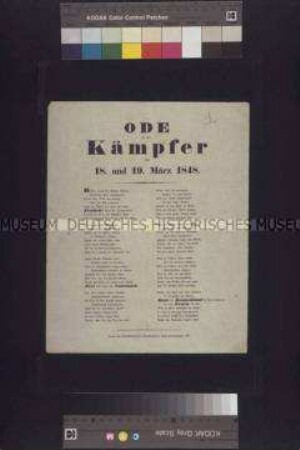 Handzettel: Ode an die Kämpfer des 18. und 19. März 1848. Gedicht; undatiert